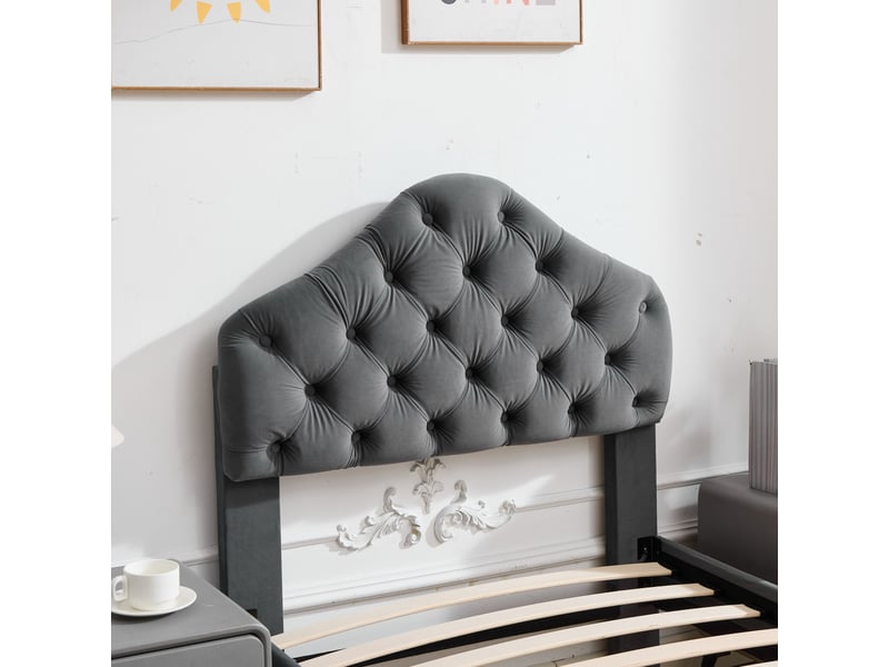  Lit simple 90x200 cadre de lit en velours gris avec tête de lit réglable en hauteur et sommier à lattes  - Conforama R