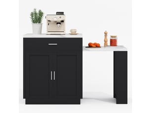 Îlot de cuisine bicolore mdf 211×55×89,5 cm, table extensible pour 4 à 6 personnes, 2 tiroirs, prises et 2 étagères