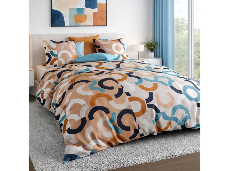  Parure housse de couette 240x220cm + 2 taies motif pop bleu et orange 100% coton - virgile VIRGILE - Conforama B