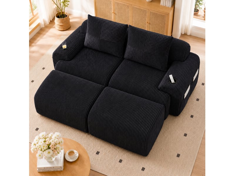 Canapé modulaire 2 places 200x174x80 cm avec 2 poufs, porte-gobelet et poche noir - Conforama B