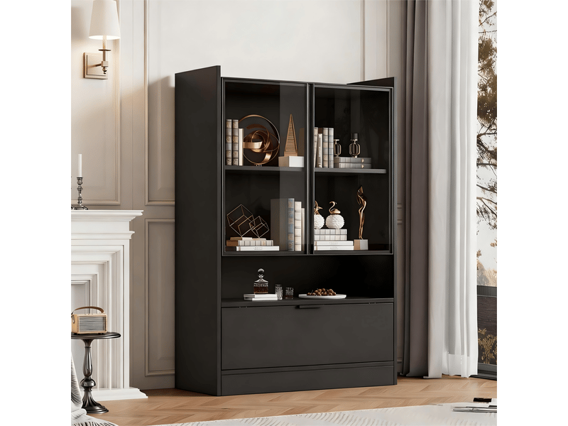  Vitrine led noire mat 120x80x35 cm, meuble verre trempé avec éclairage app et porte abattante  - Conforama B