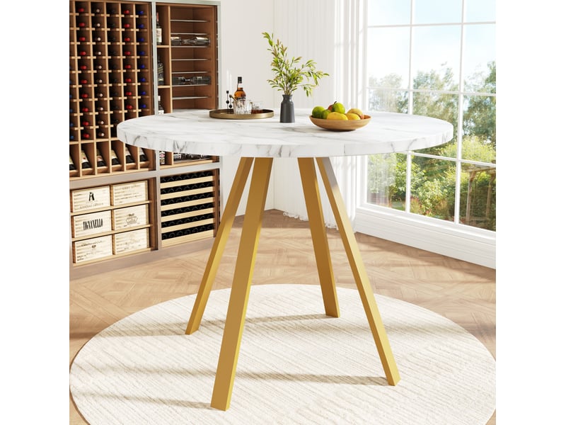  Table à manger ronde ø80 cm en mdf, pieds métal dorés, blanc effet marbre  - Conforama B