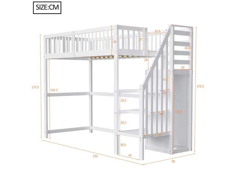  Lit mezzanine enfant 90x200 cm avec échelle, rangement et armoire, blanc  - Conforama C
