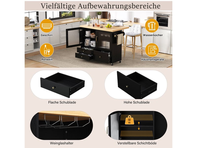 Desserte de cuisine mobilité sur roulettes table à manger extensible porte-verres à vin espace de rangement finition noire - Conforama D