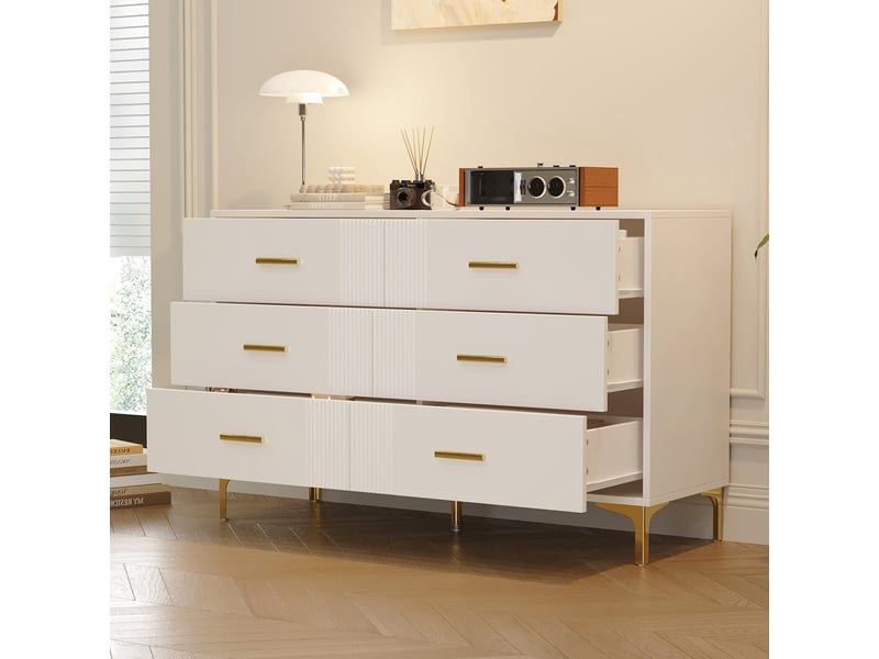  Commode 6 tiroirs 120 x 40 x 76 cm, surface rainurée élégante, pieds surélevés anti-humidité, mdf, blanc  - Conforama W