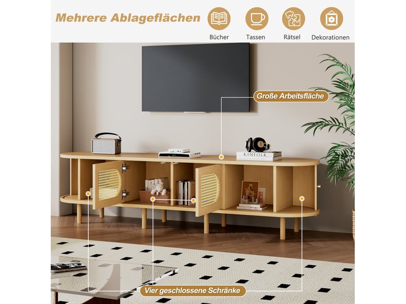  Meuble tv 180 x 40 x 40 cm en mdf naturel – style rotin – pour écran jusqu’à 75 pouces et salon ordonné  - Conforama E