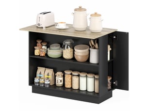 Îlot de cuisine 2 placards 2 étagères ouvertes noir et effet bois 105 x 60 x 82 cm