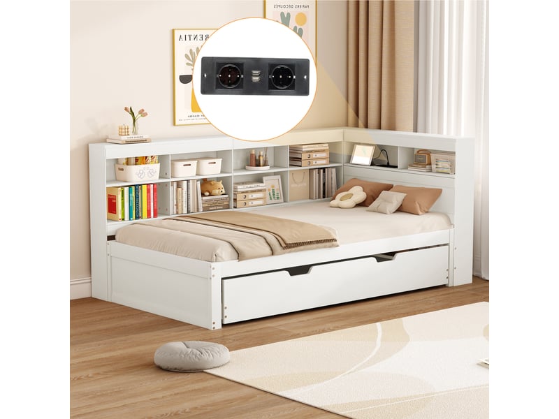 Lit gigogne 90x200 + 90x190 cm avec rangements et port usb, pin blanc, sans matelas  - Conforama D