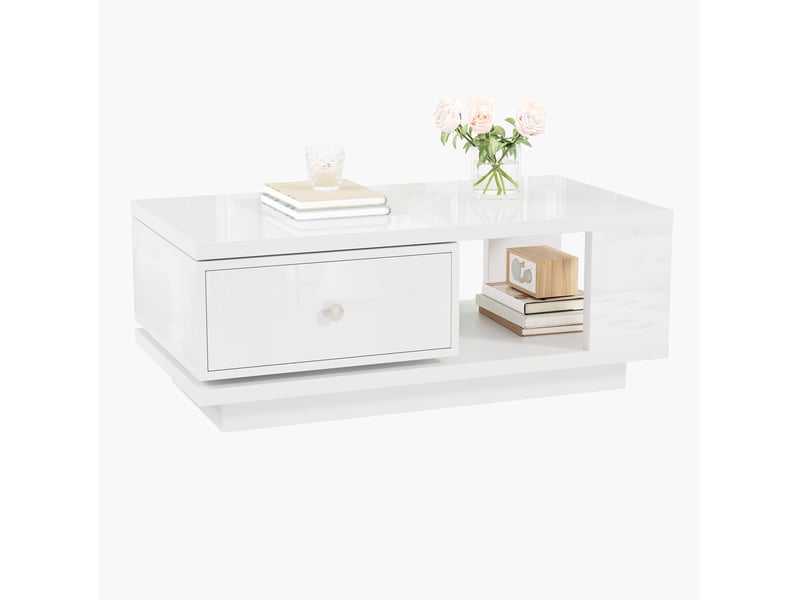  Table basse rectangle 90x48x35 cm avec tiroir rotatif finition brillante couleur blanc  - Conforama A