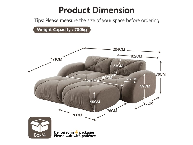  Canapé modulaire 2 places avec deux poufs, assise sans cadre et confort en chenille, sans montage, taupe  - Conforama E