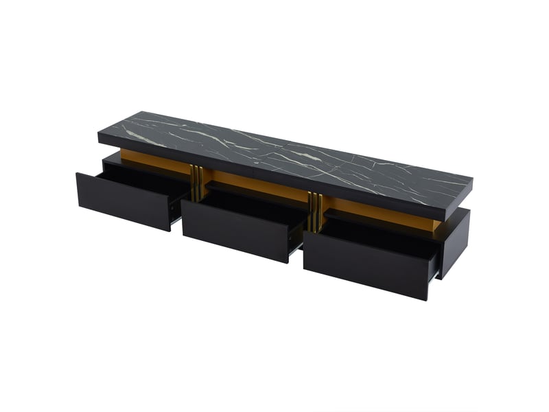  Meuble tv 200x40x42 cm lowboard aspect marbre, trois tiroirs et 1 passe-câbles, commode tv pour téléviseurs jusqu'à 90 pouces  - Conforama C
