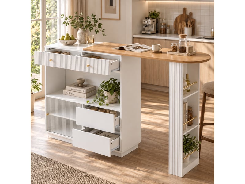  Îlot cuisine bar extensible183x30x100 cm, pivotant 360°, led, rangements, panneaux de particules et acrylique, blanc  - Conforama E