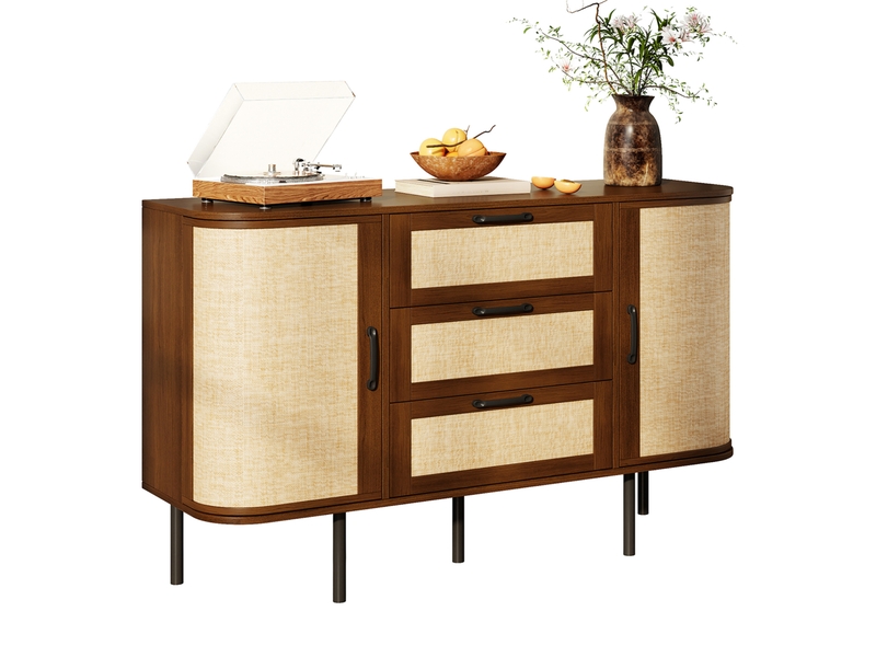  Buffet bas en mdf noyer 120 x 40 x 82 cm, 2 portes, 3 tiroirs et pieds noirs  - Conforama A