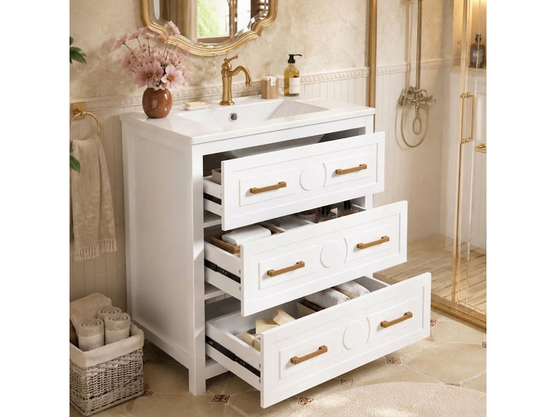 Meuble salle de bain sur pied blanc avec lavabo en céramique intégré 76,5x47x82 cm - Conforama D