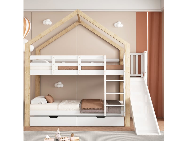  Lit superposé maison 90x200 cm, lit enfant avec toboggan, 2 tiroirs, échelle 3 marches, mdf, blanc+naturel, sans matelas  - Conforama D