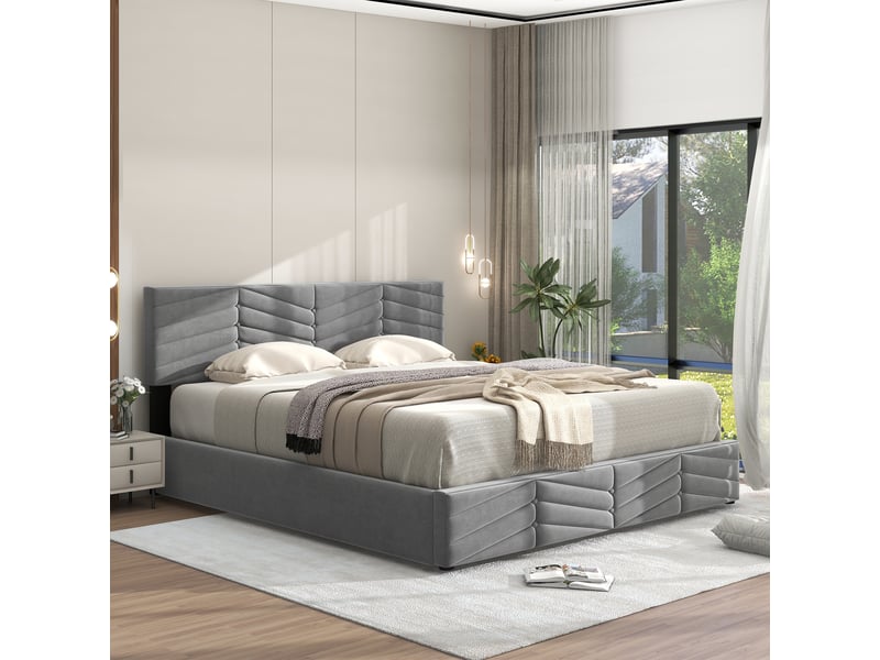  Lit coffre 140x200 - lit double rembourré avec sommier à lattes - velours - sans matelas - gris  - Conforama D