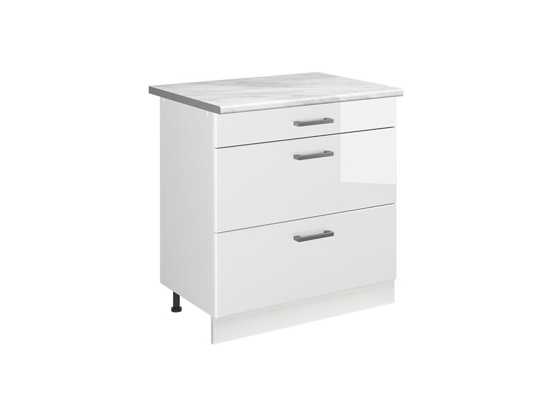 Vicco meuble cuisine, blanc haute brillanceblanc, 80cm avec 3 tiroirs plan de travail marbre - Conforama A