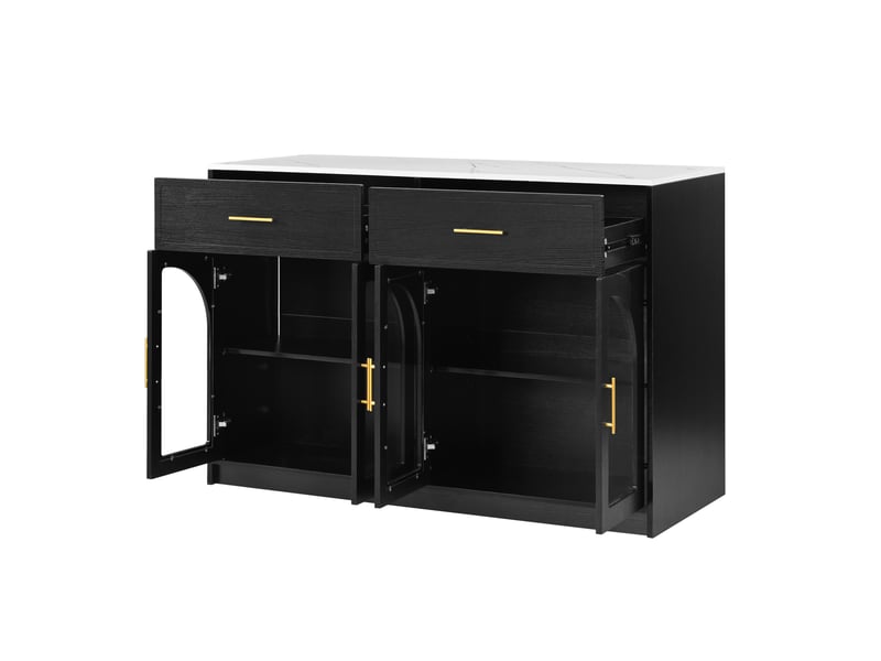 Îlot de cuisine avec grand plan de travail 135x55x91 cm – noir – led, 2 tiroirs et étagères réglables - Conforama D