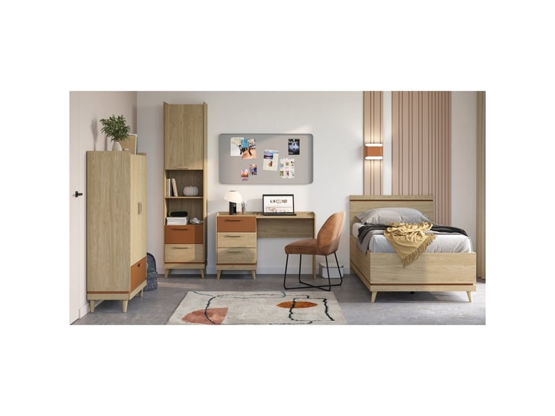 Bibliothèque noki – chêne clair et moka – 1 porte + 2 tiroirs style scandinave  - Conforama E