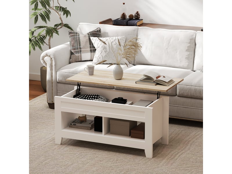  Table basse avec mécanisme de levage, espace de rangement intégré, 105 x 50 x 49 cm, blanc et naturel  - Conforama D