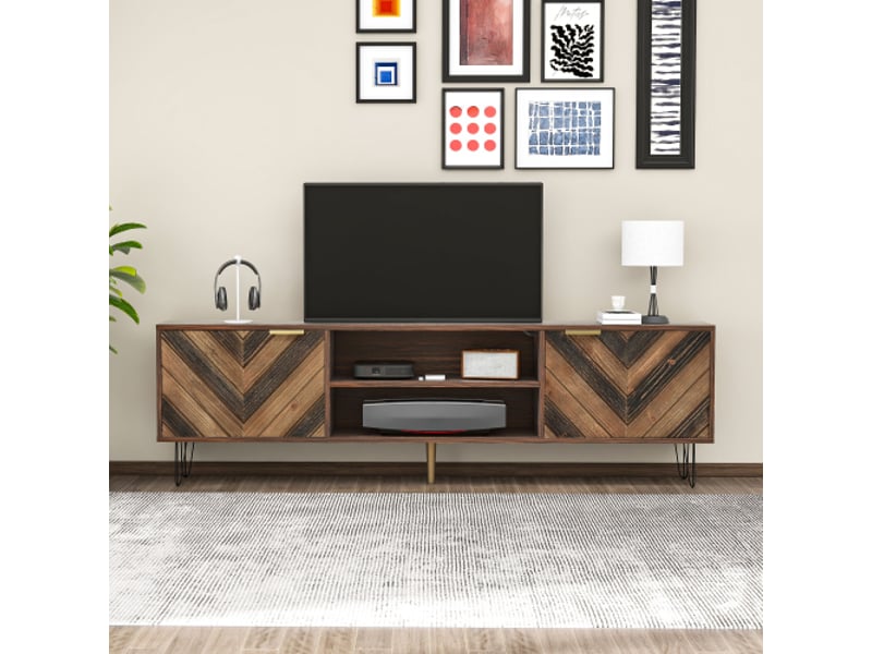  Meuble tv à 2 portes en placage et 2 compartiments- armoire tv de bois massif avec poignées dorées et pieds en fer-155x38x48cm  - Conforama B