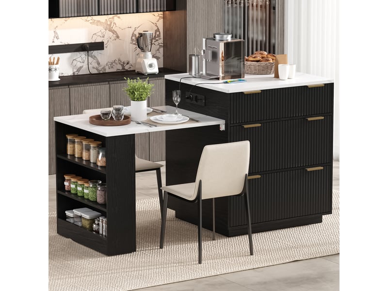  Îlot de cuisine 67x127.5x92 cm - éclairage led - extensible - usb et usb-c - grand rangement - sur roulettes - étagères réglables - crème CozyNest - Conforama C