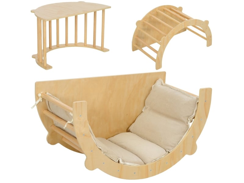 Arche d'escalade enfant 90 x 52 x 50 cm en bois, avec coussin, balançoire et table de jeu, 18 mois à 4 ans - Conforama A