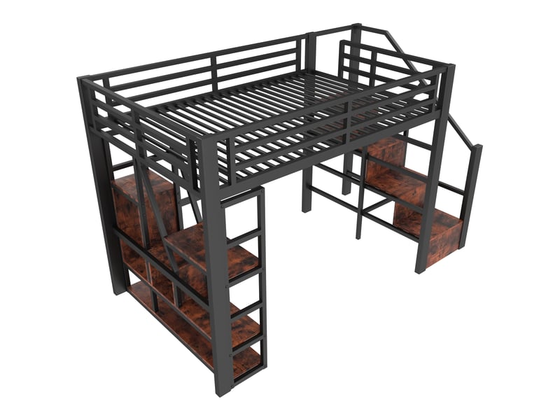  Lit mezzanine noir 140 × 200 cm, cadre métal, led, rangements, échelle et garde-corps  - Conforama E