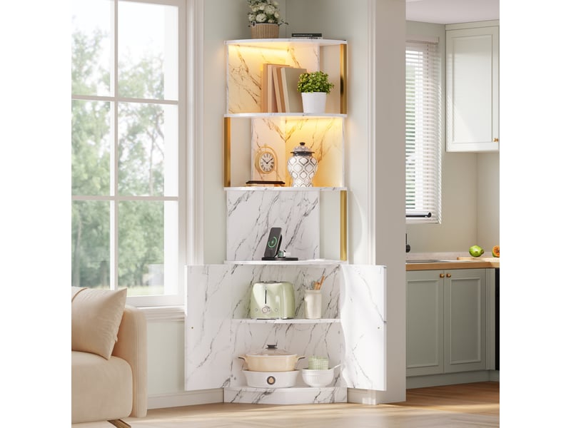  Meuble d’angle de rangement avec 2 portes, étagères ouvertes, éclairage led et prises pour cuisine 38×38×180 cm  - Conforama C