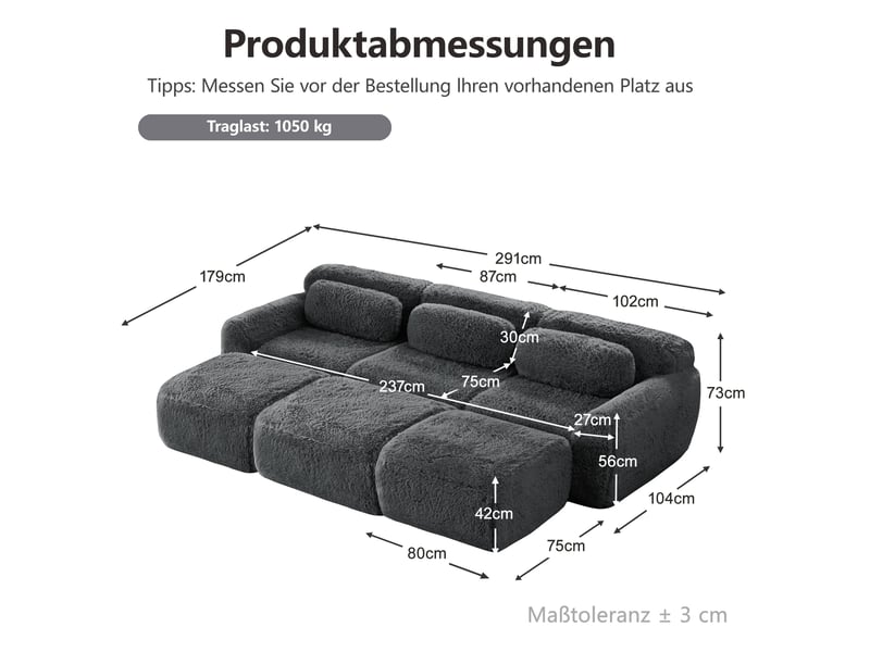 Canapé convertible modulable 3 places avec 3 ottomans en tissu peluche gris - Conforama E