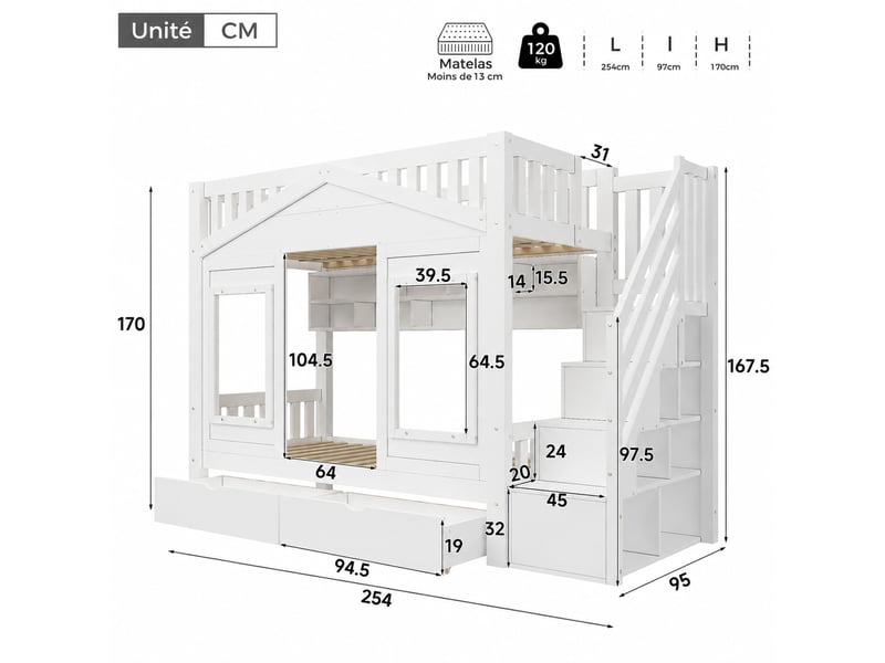  Lit cabane en pin et mdf, lit simple avec escalier à droite, tiroir et niches, 90x200 cm, sans matelas, blanc  - Conforama D
