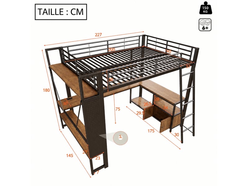  Lit mezzanine avec bureau intégré et rangements, 140x200 cm, structure métal et mdf, noir  - Conforama C