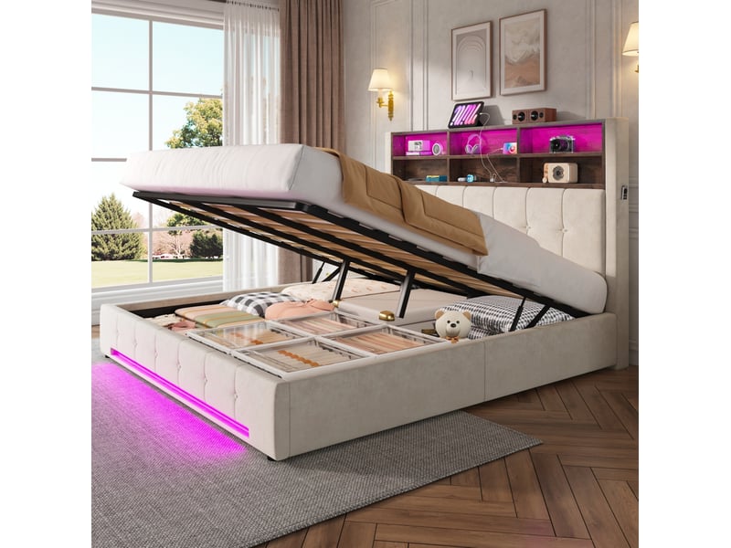  Lit coffre 180x200 avec rangement, tête de lit multifonction et led evryae  - Conforama D