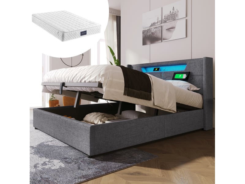  Lit coffre 160x200 gris avec led, usb et type-c cravdom  - Conforama B