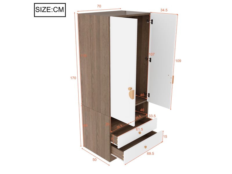  Armoire tcqpz 70 x 50 x 170 cm 2 portes 2 tiroirs et niches ouverte mdf blanc et bois  - Conforama C