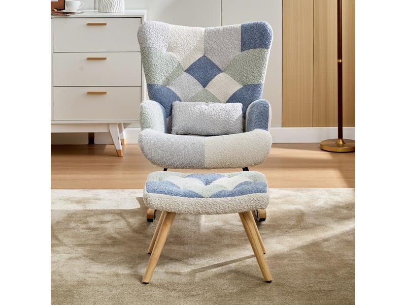  Fauteuil à bascule relax - 122x68x91 cm - avec repose-pieds pied-de-poule tissu pieds bois et métal - beige et bleu  - Conforama D