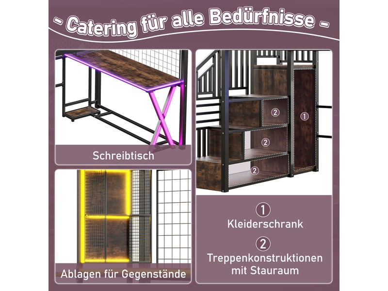  Lit mezzanine 140x200 cm avec éclairage led et bureau, lit double avec échelle de rangement et armoire, noir  - Conforama D