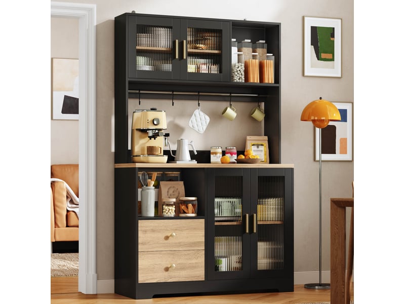  Buffet de cuisine haut 4 portes vitrées, 2 tiroirs, led et prises pour cuisine en mdf noir 110 × 40 × 178 cm  - Conforama B