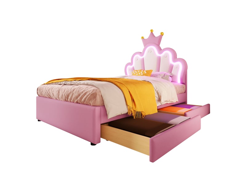 Lit enfant 90x200 cm avec led, tiroirs, sommier et tête réglable, lit princesse, pu rose, sans matelas - Conforama A