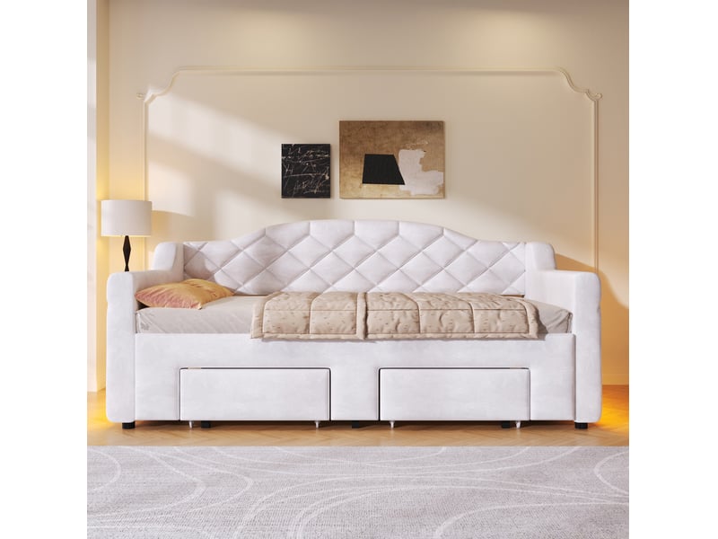  Lit extensible 90x200 à 180x200 cm avec 2 tiroirs et led, velours blanc  - Conforama D