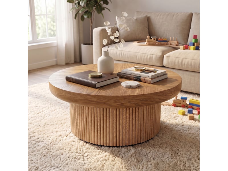  Table basse ronde coloris bois naturel, plateau motif parquet et base cannelée, 78 x 78 x 38,5 cm  - Conforama C