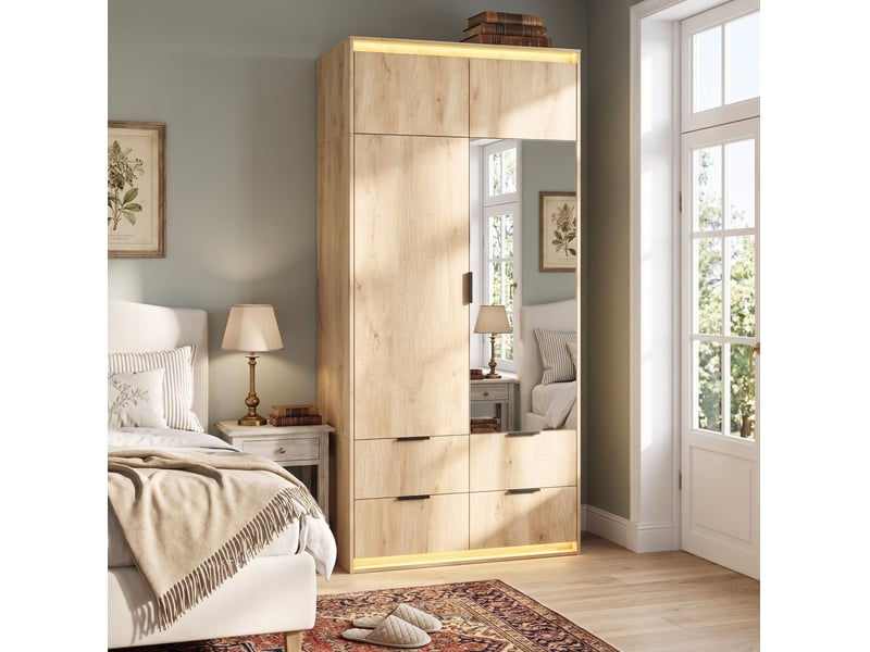 Armoire 2 portes avec miroir et led, 4 tiroirs et penderie en mdf bois clair 90 x 47 x 200 cm pour chambre - Conforama B