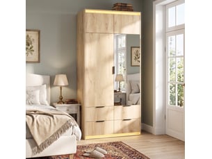 Armoire 2 portes avec miroir et led, 4 tiroirs et penderie en mdf bois clair 90 x 47 x 200 cm pour chambre