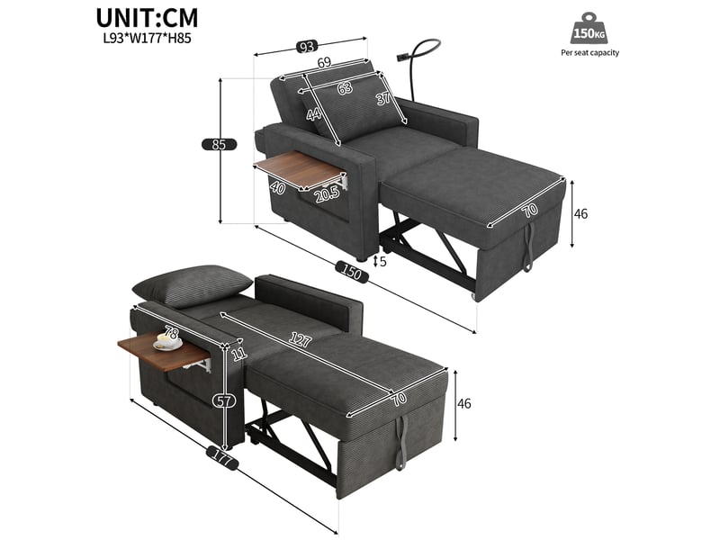  Canapé 1 place en velours côtelé gris avec dossier réglable 3 positions et port usb intégré  - Conforama C