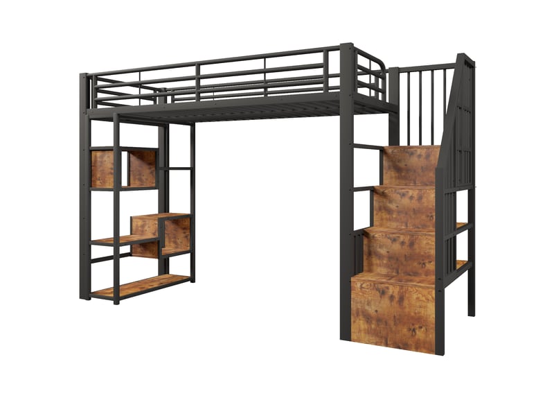  Lit mezzanine, 90 × 200 cm, noir, métal, led, étagères, barrières, marches, échelle, espace ouvert dessous, sans matelas  - Conforama A