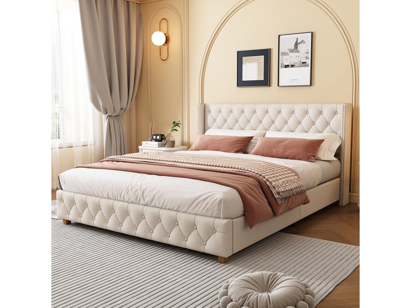  Lit enfant 140x190 cm, tête de lit, design capitonné à boutons, sommier, lin beige, sans matelas  - Conforama W