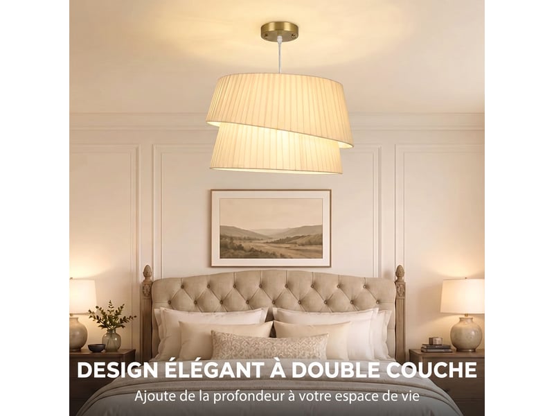  Suspension luminaire élégante à double abat-jour, rosace dorée, câble réglable, ampoule non incluse e14 40 w, blanc  - Conforama D