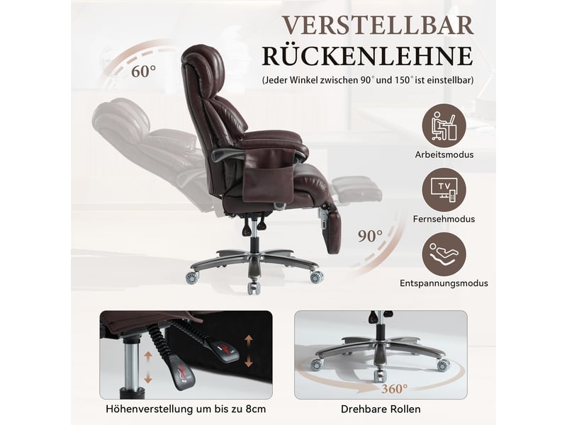  Fauteuil de bureau xxl marron, massage, chauffage, dossier réglable et repose-pieds  - Conforama E