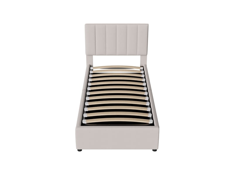  Lit simple coffre hydraulique 90x200 cm, cadre rembourré avec sommier à lattes, tissu lin beige, lit pour chambre d'enfant et adolescent  - Conforama D