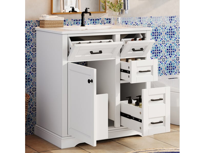  Meuble sous vasque avec 1 porte, 4 tiroirs, lavabo en céramique, fermeture douce, pour salle de bains, 76 × 47 × 82 cm  - Conforama C